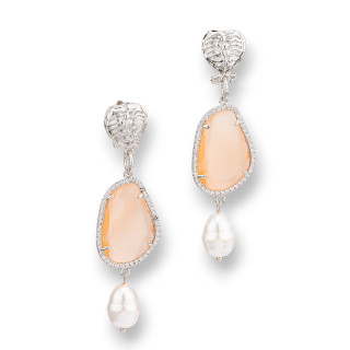 Boucles D'oreilles Tiges En Bronze Oeil De Chat Et Zircons Avec Perles De Rivière 19x73mm Rhodié Pêche