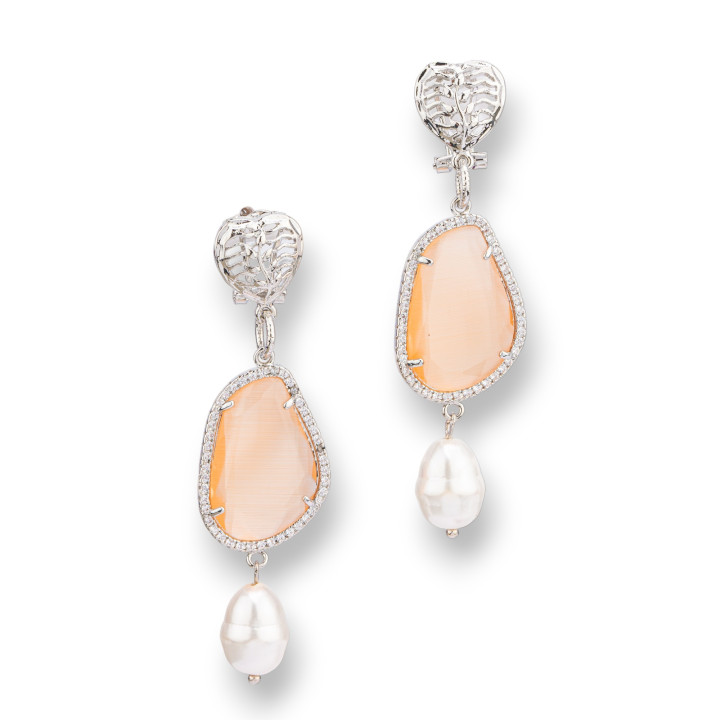 Bronze Stud Earrings With Cat's Eye And Zircons With River Pearls 19x73mm Rhodium Plated Peach