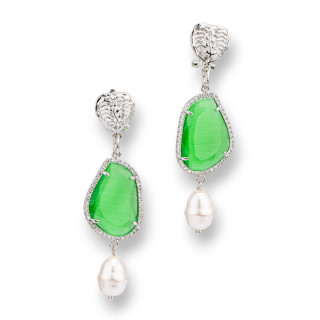 Boucles D'oreilles Tiges En Bronze Oeil De Chat Et Zircons Avec Perles De Rivière 19x73mm Plaqué Rhodium Vert