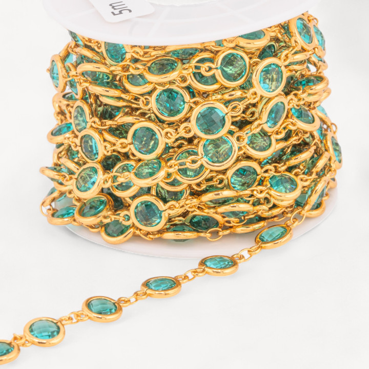 Brass Rosary Chain with Cat's Eye Cabochon 7.5mm 5m Aqua Green