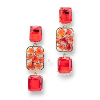 Boucles D'oreilles Tiges Bronze Avec Pampilles Oeil De Chat Rectangle 18x65mm Rouge