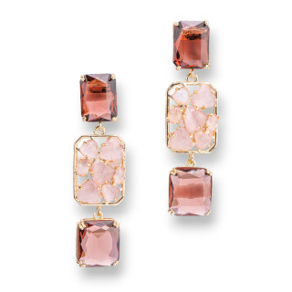 Boucles D'oreilles Tiges Bronze Avec Pendentifs Oeil De Chat Rectangle Violet 18x65mm