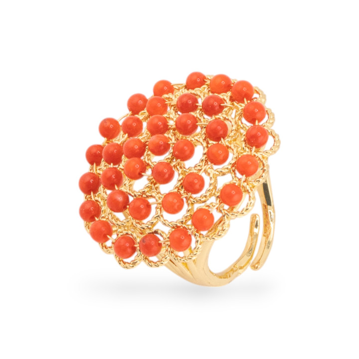 Anillo De Bronce Con Cuentas De Piedra Dura Entrelazada 30mm Tamaño Ajustable Bambú Coral