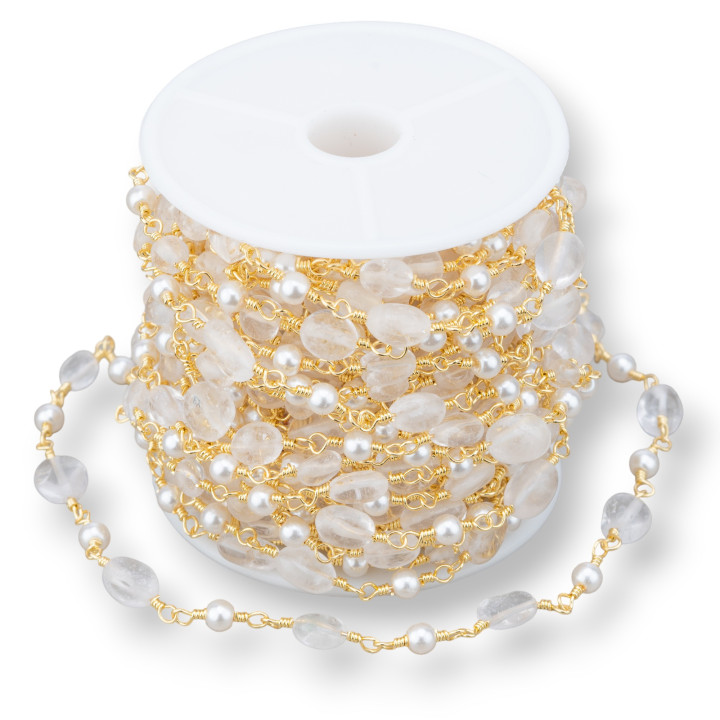 Chaîne de chapelet avec pierres naturelles et perles de cristal de roche dorées 10mt