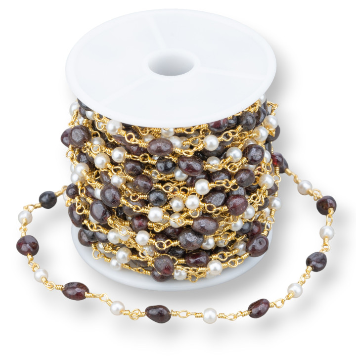Rosenkranzkette mit Natursteinen und Perlen 10mt goldener Granat