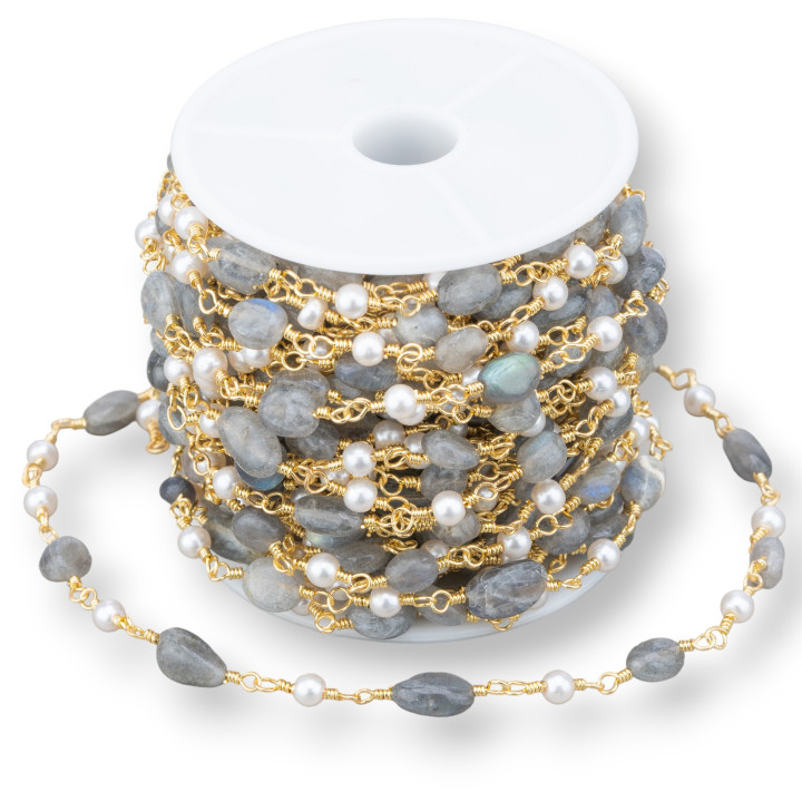 Chaine Chapelet Pierres Naturelles et Perles 10m Labradorite Gris Doré