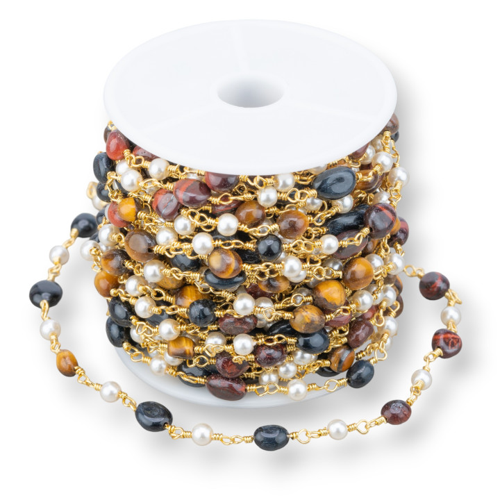 Rosenkranzkette mit Natursteinen und Perlen 10mt Golden Tiger Eye Mix