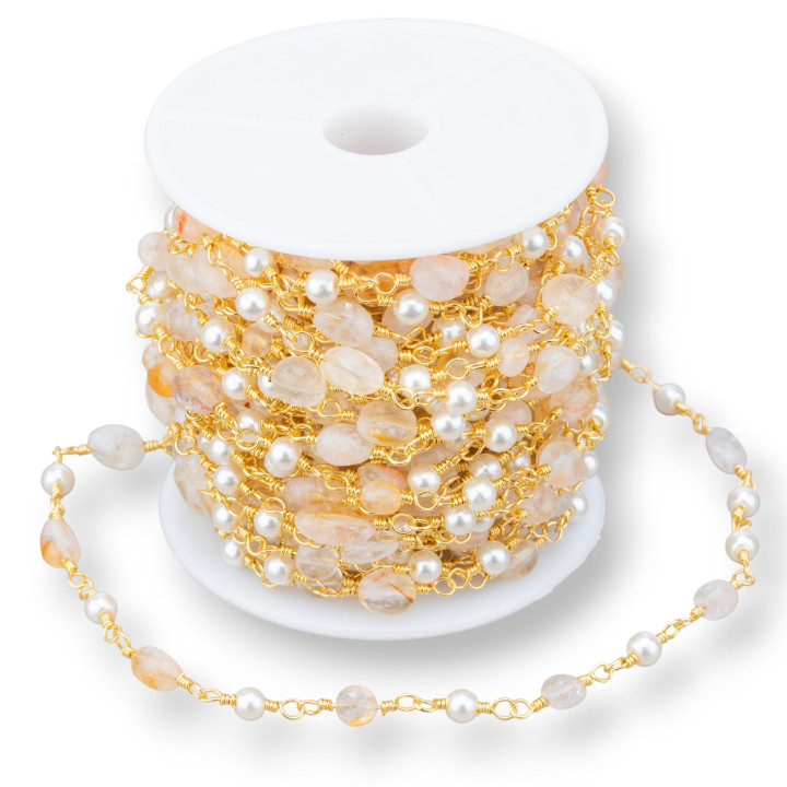 Chapelet Chaîne Avec Pierres Naturelles et Perles 10mt Quartz Citrine Dorée
