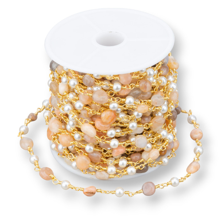 Chaine Chapelet Pierres Naturelles et Perles 10m Quartz Hématoïde Jaune Doré