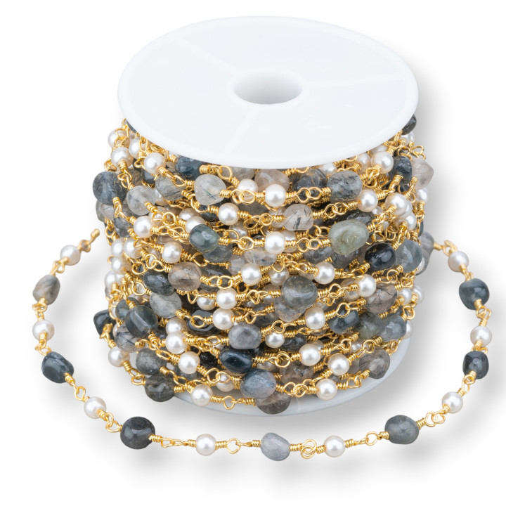 Rosary Chain With Natural Stones and Beads 10m Golden Graphited Quartz