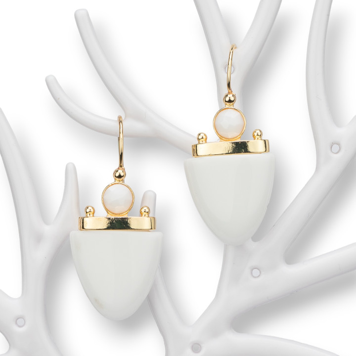 Orecchini A Monachella Di Bronzo Con Occhio Di Gatto 19x42mm Bianco