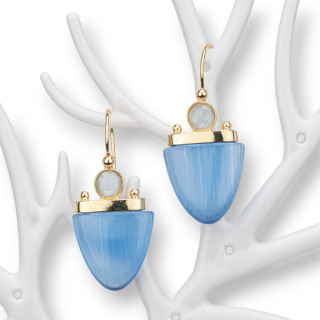 Bronze Hook Earrings With Cat's Eye 19x42mm Light Blue