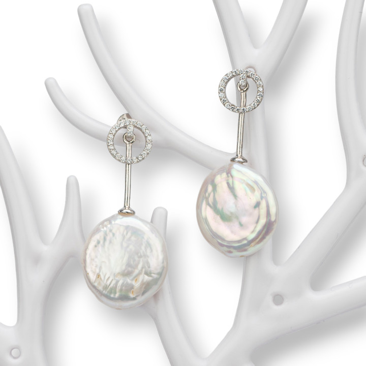 Ασημένια καρφωτά σκουλαρίκια 925 με ζιργκόν και μαργαριτάρια γλυκού νερού 16-17 χιλιοστά