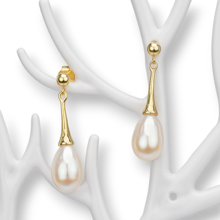 Aretes De Plata 925 Y Perlas Doradas De Rio 9x34mm