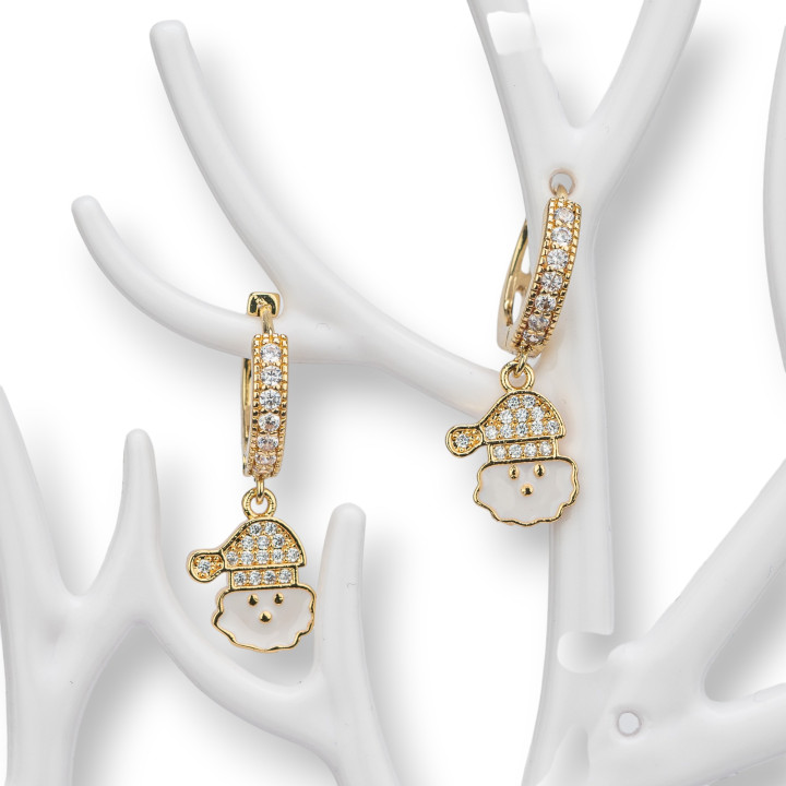 Boucles D'oreilles Tiges Bronze Avec Zircons Et Pendentif Noël Fantaisie 9x26mm Père Noël Blanc