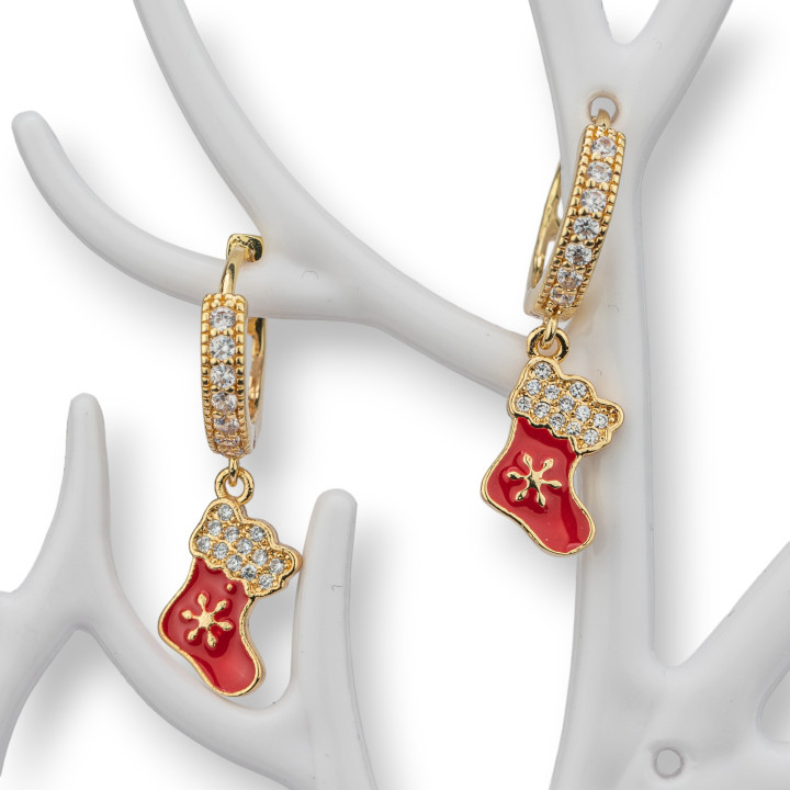Boucles D'oreilles Tiges En Bronze Avec Zircons Et Pendentif Noël Fantaisie 9x26mm Bas Rouge