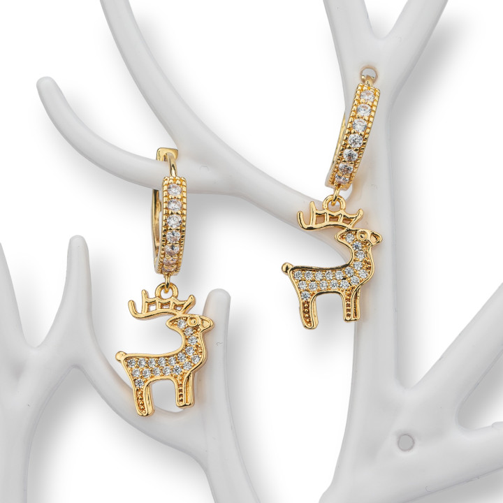 Boucles D'oreilles Tiges En Bronze Avec Zircons Et Pendentif Fantaisie De Noël 9x26mm Renne