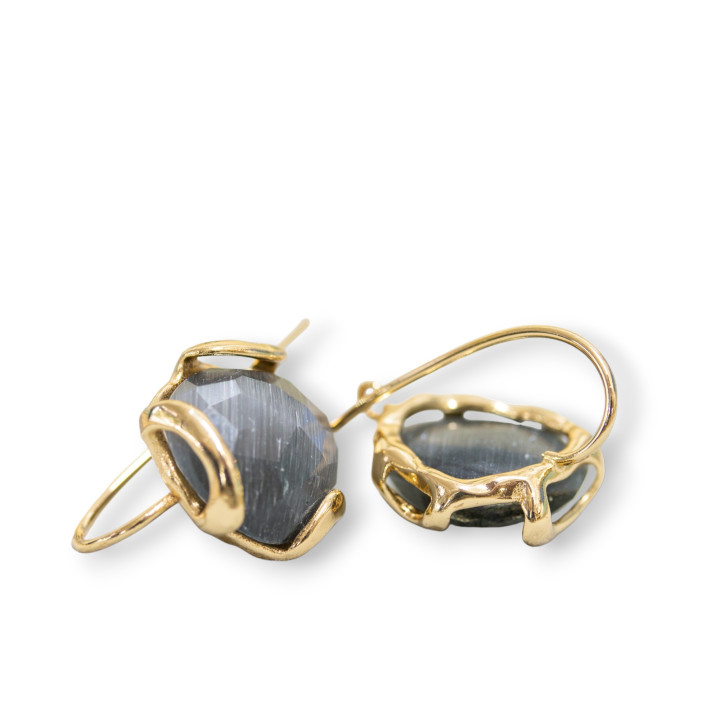 Ojo de Gato Irregular Facetado Bronce Garra Pendiente Base 17mm 3 Pares Gris Dorado