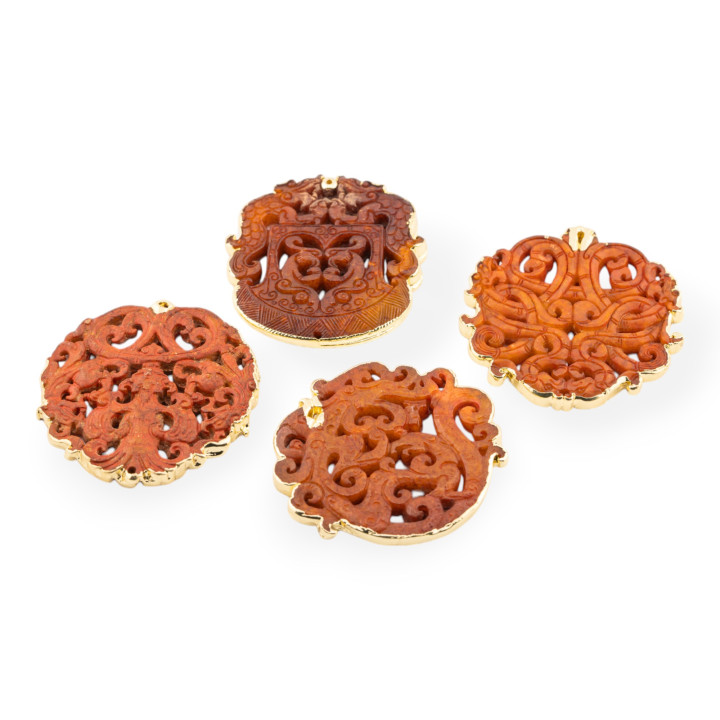 Componente Di Giadeite Incisa 50-65mm Bordato Oro 1pz Marrone Disegno Random