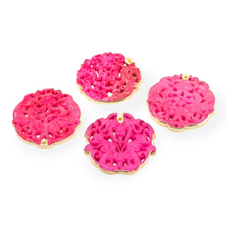 Componente Di Giadeite Incisa 50-65mm Bordato Oro 1pz Fucsia Disegno Random