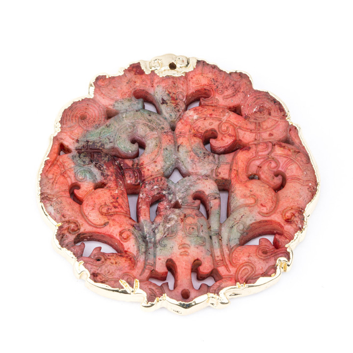 Componente Di Giadeite Incisa 50-65mm Bordato Oro 1pz Rosso Maculato Disegno Random