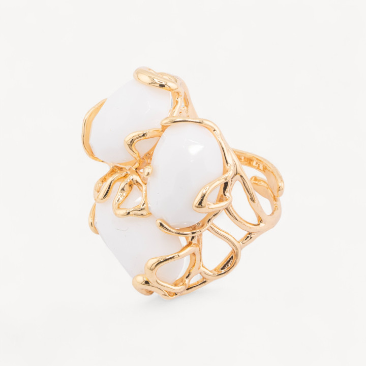 Anello Regolabile in Bronzo Dorato Collezione AURORA con Occhio Di Gatto Agata Bianca | Gioiello Artigianale Donna 32x36mm