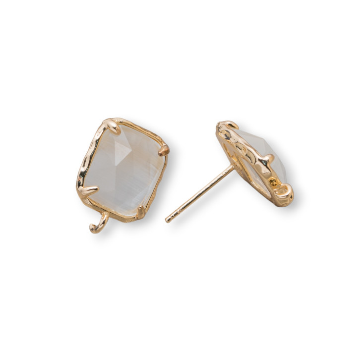 Brass Stud Earring Base with Faceted Cat's Eye Rectangle 10.5x13mm 5 Pairs Transparent White