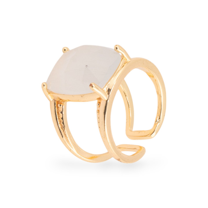 Anello Di Bronzo Con Occhio Di Gatto Cabochon Sfaccettato 20x24mm Misura Regolabile Dorato Bianco Trasparente