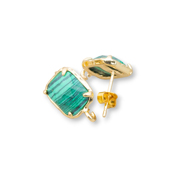 Brass Stud Earring Base with Faceted Cat's Eye Rectangle 10.5x13mm 5 Pairs Malachite Paste