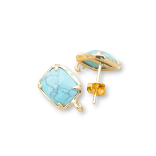Brass Stud Earring Base with Faceted Cat's Eye Rectangle 10.5x13mm 5 Pairs Turquoise Paste