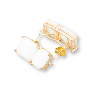 Brass Stud Earring Base with Faceted Cat's Eye Double Rectangle 10x22mm 4 Pairs Golden White Agate