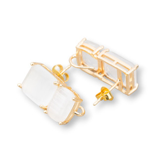 Brass Stud Earring Base with Faceted Cat's Eye Double Rectangle 10x22mm 4 Pairs Golden White Transparent