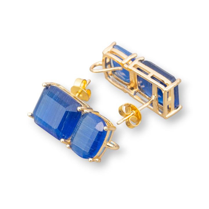 Brass Stud Earring Base with Faceted Cat's Eye Double Rectangle 10x22mm 4 Pairs Golden Blue