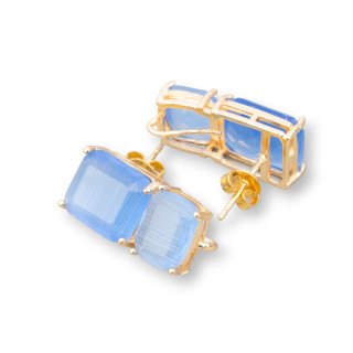 Boucles d'Oreilles Laiton Double Rectangle Facette Clous Oeil de Chat 10x22mm 4 Paires Doré Bleu Ciel