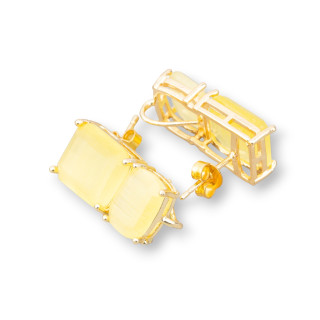 Boucles d'Oreilles Laiton Double Rectangle Facettes Clous Oeil de Chat 10x22mm 4 Paires Doré Jaune