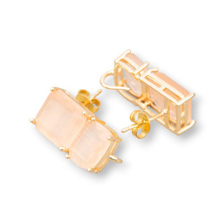 Boucles d'Oreilles Laiton Double Rectangle Facettes Clous Oeil de Chat 10x22mm 4 Paires Doré Pêche