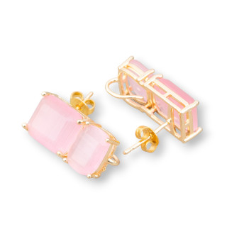Boucles d'Oreilles Laiton Double Rectangle Facettes Clous Oeil de Chat 10x22mm 4 Paires Or Rose