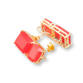Boucles d'Oreilles Laiton Double Rectangle Facette Clous Oeil de Chat 10x22mm 4 Paires Doré Rouge