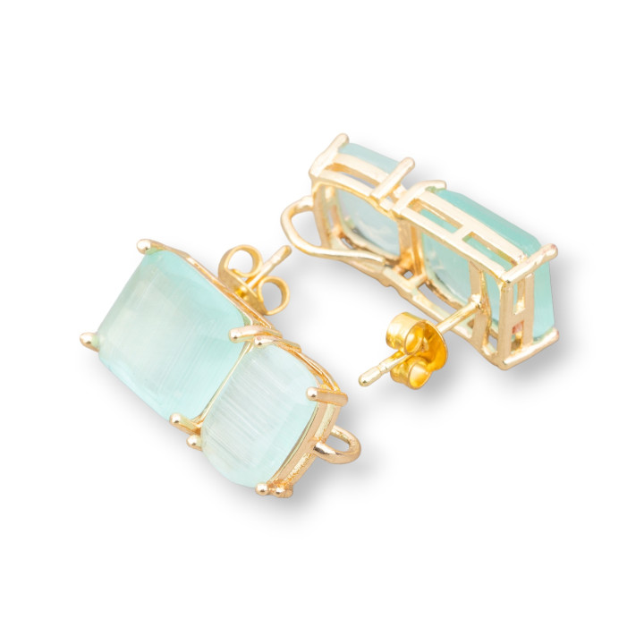 Brass Stud Earring Base with Faceted Cat's Eye Double Rectangle 10x22mm 4 Pairs Golden Teal
