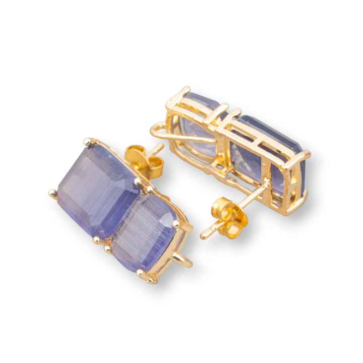 Brass Stud Earring Base with Faceted Cat's Eye Double Rectangle 10x22mm 4 Pairs Golden Violet