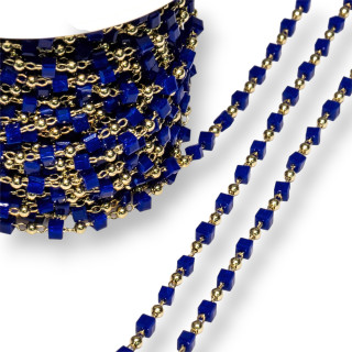 Rosary Chain With Crystals Cubes and Brass 2mm 10m Golden Blue