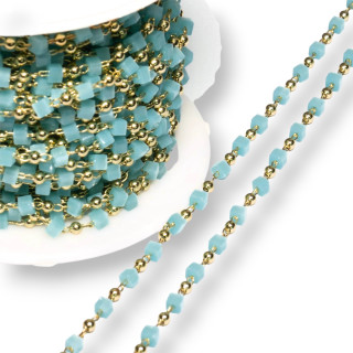 Catena Rosario Con Cristalli Cubetti e Ottone 2mm 10 Metri Dorato Celeste