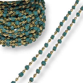 Rosary Chain With Crystals Cubes and Brass 2mm 10m Golden Green Teal