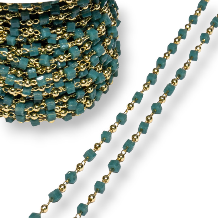 Rosenkranzkette mit kubischen Kristallen und Messing 2mm 10mt Teal Green Gold