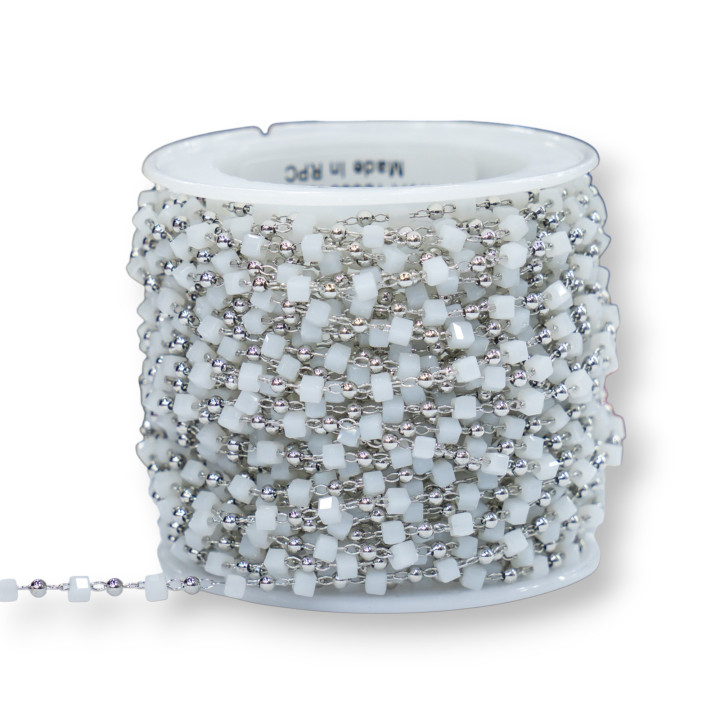 Rosenkranzkette mit kubischen Kristallen und Messing 2mm 10mt rhodiniert weiß