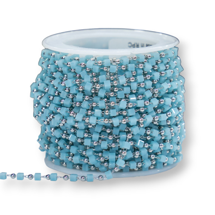 Chapelet Chaîne Avec Cristaux Cubiques et Laiton 2mm 10mt Plaqué Rhodium Bleu Clair
