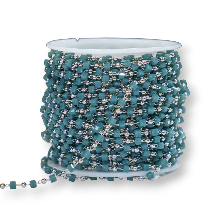 Rosary Chain With Cube Crystals and Brass 2mm 10m Rhodium-Plated Teal Green