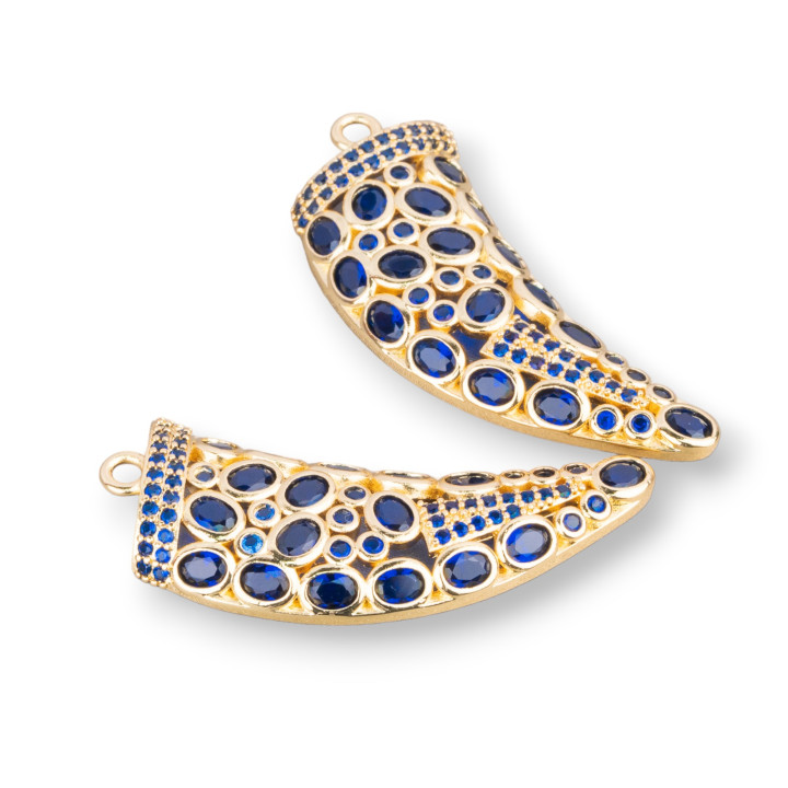 Bronze-Anhänger-Komponente Kornett und Lichtpunkte 2 Stück 17 x 42 mm goldener blauer Saphir