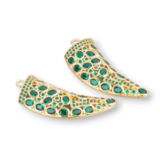 Bronze Pendant Component Horn and Light Points 2pcs 17x42mm Golden Emerald Green