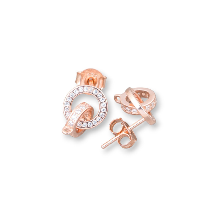 Base For Earrings Of 925 Silver With Zircons Pin Double Hoops 9.5x15.5mm 2 Pairs Rose Gold